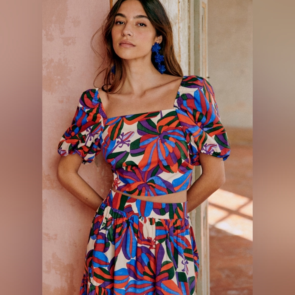 Sezane Multicolor Floral Puff-Sleeve Crop Top